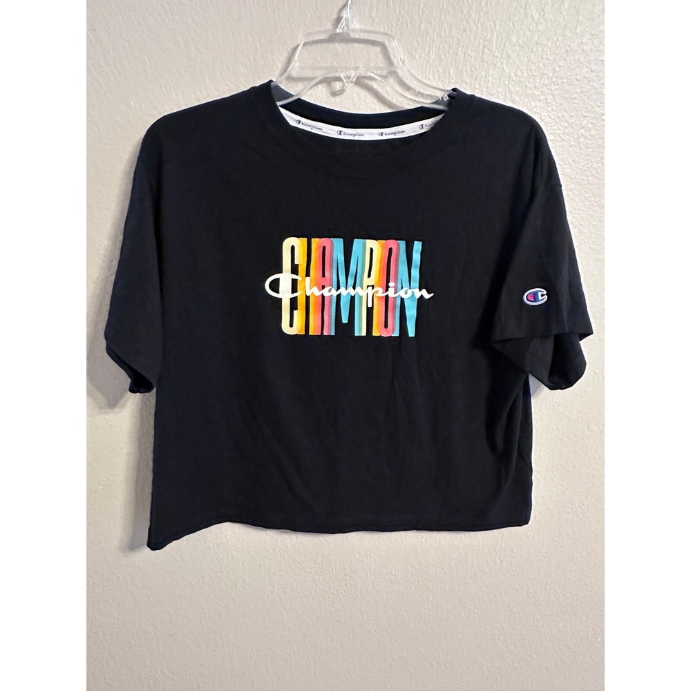 Champion Cropped Graphic T-Shirt Colorful Logo Short Sleeve Black M
